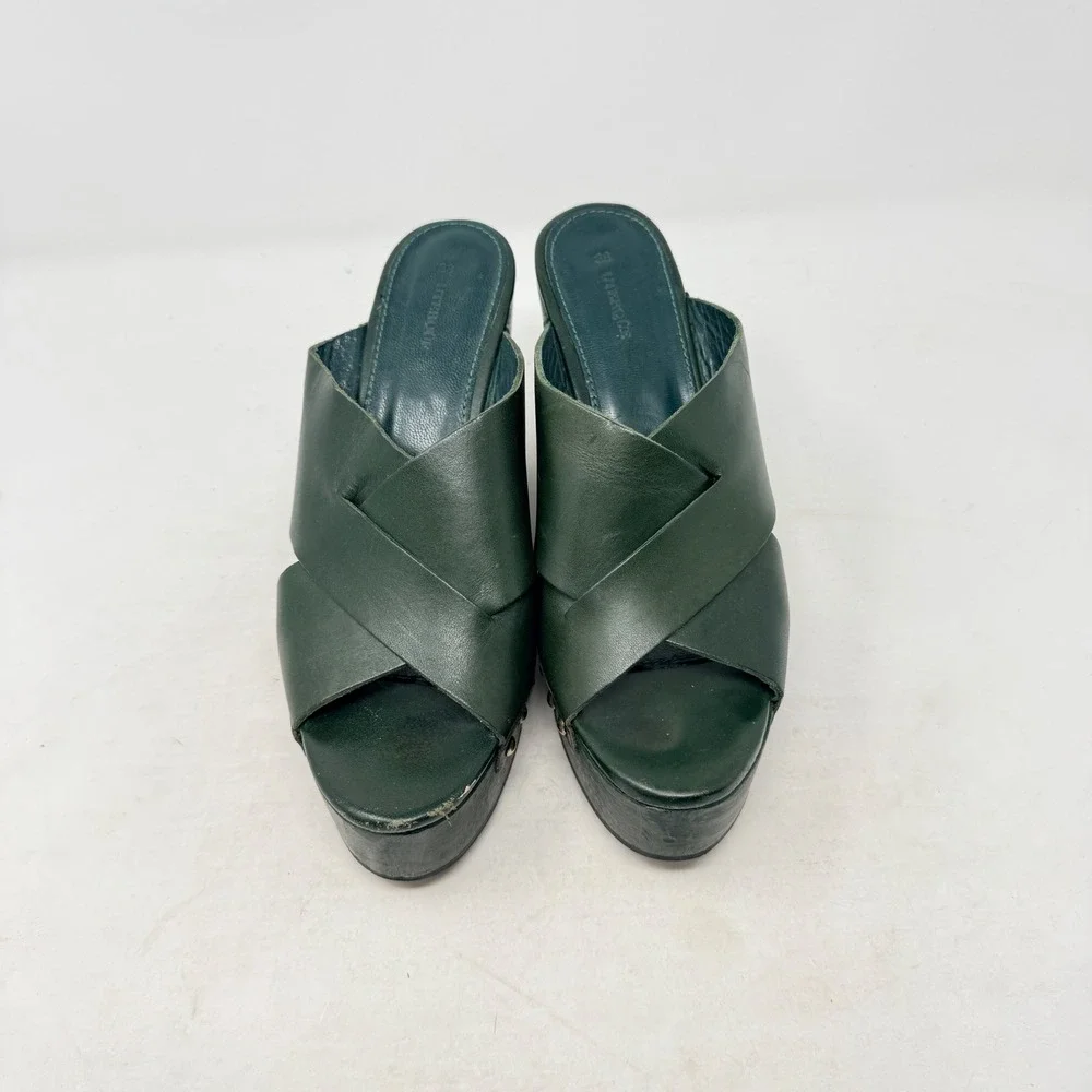 Uterque‎ Green Leather Platform Clog Sandals Studded Wood Heel EU 38 US 8